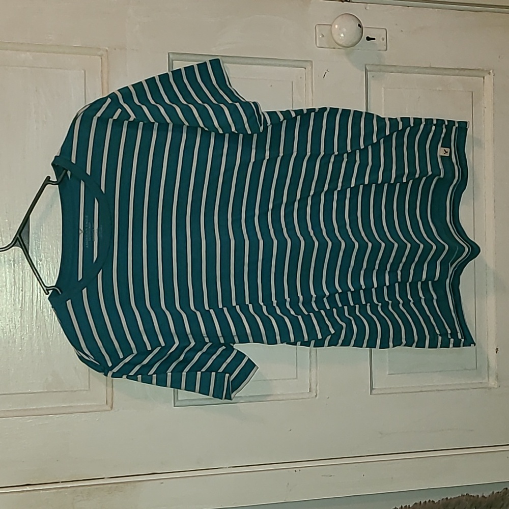 American Eagle Outfitters Teal and White Striped Tee